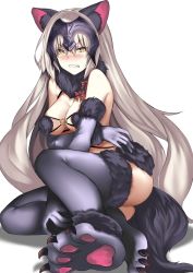 Rule 34 | &gt;:(, 1girl, angry, animal ears, animal hands, bare shoulders, blush, breasts, cleavage, clenched teeth, cosplay, elbow gloves, embarrassed, fate/grand order, fate (series), foreshortening, frown, full body, fur trim, gloves, grey gloves, grey thighhighs, halloween costume, highres, jeanne d&#039;arc (fate), jeanne d&#039;arc (ruler) (fate), jeanne d&#039;arc alter (avenger) (fate), jeanne d&#039;arc alter (fate), karlwolf, long hair, looking at viewer, mash kyrielight, mash kyrielight (dangerous beast), mash kyrielight (dangerous beast) (cosplay), medium breasts, nose blush, o-ring, o-ring top, official alternate costume, revealing clothes, shielder (fate/grand order) (cosplay), silver hair, solo, tail, teeth, thighhighs, v-shaped eyebrows, very long hair, white background, wolf ears, wolf tail, yellow eyes