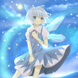 Rule 34 | 1girl, blue dress, blue eyes, blue hair, blush, bow, bunchou (bunchou3103), cirno, dress, female focus, gradient background, hair bow, ice, matching hair/eyes, night, open mouth, outdoors, short hair, sky, solo, star (sky), tears, touhou, wings
