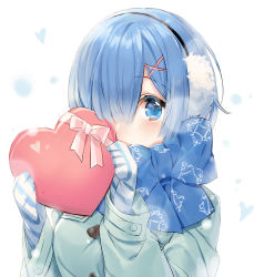 Rule 34 | 1girl, alternate costume, blue bow, blue coat, blue eyes, blue hair, blue scarf, blush, bow, box, coat, commentary request, duffel coat, earmuffs, eikaa, gloves, hair ornament, hair over one eye, hairclip, heart, heart-shaped box, long sleeves, looking at viewer, pink bow, re:zero kara hajimeru isekai seikatsu, rem (re:zero), scarf, scarf over mouth, short hair, simple background, solo, striped clothes, striped gloves, white background, x hair ornament