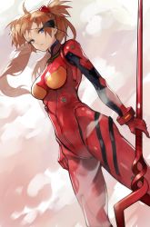 Rule 34 | 1girl, bident, blue eyes, bodysuit, breasts, brown hair, curvy, evangelion: 3.0 you can (not) redo, eyepatch, green eyes, heterochromia, highres, holding, holding lance, holding polearm, holding weapon, interface headset, lance, lance of longinus (evangelion), long hair, medium breasts, neon genesis evangelion, parted lips, pilot suit, plugsuit, polearm, rebuild of evangelion, red bodysuit, shiny clothes, skin tight, solo, souryuu asuka langley, twintails, two side up, unworn eyepatch, weapon, yoshio (55level)