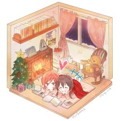 Rule 34 | 10s, 2girls, ?, ^ ^, bad id, bad pixiv id, barefoot, black hair, book, bookshelf, box, cellphone, chair, character name, christmas stocking, christmas tree, closed eyes, curtains, fireplace, gift, gift box, hair bobbles, hair ornament, head rest, hyugo, interior, isometric, love live!, love live! school idol project, lying, metronome, multiple girls, nishikino maki, on stomach, open book, pencil, perspective, phone, plaid, plaid blanket, poster (object), purple eyes, red hair, rocking chair, roomscape, shared blanket, smartphone, snow, stuffed animal, stuffed toy, teddy bear, tomato, twintails, twitter username, window, yazawa nico, yuri