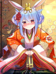 Rule 34 | 1girl, alternate costume, animal ear fluff, animal ears, blue hair, blush, braid, braided bun, carrot hair ornament, closed mouth, commentary request, double bun, floral background, floral print, flower, flower knot, food-themed hair ornament, hair bun, hair flower, hair ornament, head tilt, highres, hololive, japanese clothes, kimono, layered clothes, layered kimono, light blue hair, light smile, long hair, looking at viewer, magowasabi, multicolored hair, nose blush, pekomon (usada pekora), orange eyes, orange kimono, own hands clasped, own hands together, pink flower, rabbit-shaped pupils, rabbit ears, rabbit girl, sidelocks, solo, straight-on, symbol-shaped pupils, tassel, thick eyebrows, two-tone hair, upper body, usada pekora, virtual youtuber, wavy mouth, white hair, wide sleeves