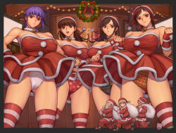 Rule 34 | 3boys, 4girls, ayane (doa), bell, blue eyes, blush, breasts, brown eyes, brown hair, christmas, cleavage, clothes lift, collar, dark-skinned male, dark skin, dead or alive, dress, dress lift, eliot (doa), fingerless gloves, frown, gen fuu, gloves, hat, hitomi (doa), ibanen, kokoro (doa), large breasts, lei fang, long hair, looking at viewer, mila (doa), multicolored hair, multiple boys, multiple girls, neck bell, no bra, open mouth, panties, purple hair, red eyes, santa costume, santa hat, short hair, smile, spaniard, spanish (nationality), striped clothes, striped legwear, striped thighhighs, thighhighs, underwear, zack (doa)
