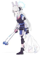 Rule 34 | 1girl, absurdres, blue archive, boots, bulletproof vest, can, commentary request, cottone (highjethoo), full body, gloves, halo, headphones, highres, knee pads, long hair, miyako (blue archive), silver hair, simple background, solo, tactical clothes, trash bag, very long hair, vest, white background