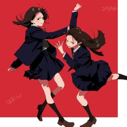 Rule 34 | 2girls, absurdres, arm up, bad id, bad twitter id, black eyes, black jacket, black skirt, black socks, brown hair, character request, collared shirt, copyright request, dancing, dated, floating hair, full body, hand up, highres, jacket, kerorira, kneehighs, long hair, long sleeves, looking at viewer, multiple girls, one eye closed, open mouth, pleated skirt, red background, school uniform, shirt, skirt, smile, socks, standing, standing on one leg, translation request, white shirt