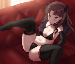 Rule 34 | 1girl, black bra, black ribbon, black thighhighs, blush, bra, elbow gloves, fate/stay night, fate (series), gloves, hair ribbon, lingerie, long hair, lying, open mouth, rayno, ribbon, shiny skin, solo, spread legs, thighhighs, tohsaka rin, twintails, underwear