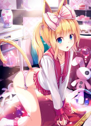 Rule 34 | 1girl, :o, all fours, animal ears, animal print, ass, backlighting, blonde hair, blouse, blue eyes, blush, bow, bubble, cake stand, cat ears, cat print, cat tail, commentary, day, food, hair bow, indoors, long hair, long sleeves, looking at viewer, md5 mismatch, no pants, open mouth, original, panties, pastry, pink bow, resolution mismatch, revision, school uniform, serafuku, shirt, side-tie panties, sidelocks, solo, source larger, striped clothes, striped panties, stuffed animal, stuffed rabbit, stuffed toy, sunlight, tail, teeth, thighs, tiered tray, twintails, underwear, wavy hair, white shirt, yan (nicknikg)