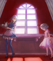 Rule 34 | 2girls, blue hair, blue thighhighs, bow, braid, cup, esukee, female focus, fisheye, frills, from below, gathers, hair bow, hairband, hat, holding, izayoi sakuya, legs, looking back, looking down, maid, maid headdress, mary janes, multiple girls, red eyes, remilia scarlet, shoes, short hair, silver hair, skirt, socks, standing, teacup, teapot, thighhighs, touhou, tray, twin braids, white socks, window, wings, wrist cuffs, zettai ryouiki