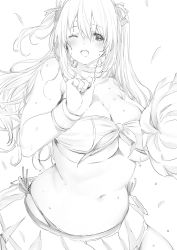Rule 34 | 10s, 1girl, ;d, atago (kancolle), bad id, bad twitter id, belly, blonde hair, breasts, cheerleader, female focus, goshiki suzu, greyscale, kantai collection, large breasts, long hair, looking at viewer, monochrome, one eye closed, open mouth, plump, pom pom (cheerleading), smile, solo