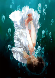 Rule 34 | 1girl, barefoot, brown hair, bubble, covering own mouth, dress, moekon, original, sad, short hair, solo, tears, underwater, upside-down, wet, wet clothes, white dress