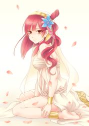 Rule 34 | 1girl, anklet, barefoot, bracelet, breasts, flower, hair flower, hair ornament, jewelry, long hair, looking at viewer, lots of jewelry, magi the labyrinth of magic, morgiana, petals, red eyes, red hair, sitting, solo, wariza