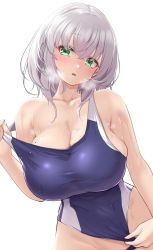 Rule 34 | 1girl, blue one-piece swimsuit, blush, breasts, cleavage, competition swimsuit, green eyes, grey hair, hair between eyes, highres, hololive, huge breasts, looking at viewer, medium hair, mole, mole on breast, null ccino, one-piece swimsuit, parted lips, shirogane noel, simple background, solo, strap pull, swimsuit, virtual youtuber, wet, wet clothes, wet swimsuit, white background