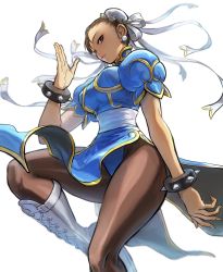 Rule 34 | 1girl, boots, bracelet, breasts, brown eyes, brown hair, capcom, china dress, chinese clothes, chun-li, commentary request, cross-laced footwear, double bun, dress, earrings, fingernails, hair bun, hair ornament, highres, hoshi mikan, jewelry, knee boots, lace-up boots, leg up, lips, looking at viewer, medium breasts, pantyhose, parted lips, pelvic curtain, puffy short sleeves, puffy sleeves, short hair, short sleeves, simple background, solo, spiked bracelet, spikes, street fighter, street fighter ii (series), white background, white footwear