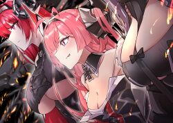 Rule 34 | 3girls, antenna hair, august von parseval (azur lane), azur lane, black bow, black dress, black hairband, bow, breasts, center frills, cleavage, closed mouth, clothing cutout, cross, curled horns, detached collar, dress, frills, from side, hairband, highres, hindenburg (azur lane), horns, iron cross, large breasts, licking lips, medium breasts, multiple girls, non-humanoid robot, pink hair, prinz rupprecht (azur lane), purple eyes, purple hair, red hair, robot, robot dragon, take yaki, tongue, tongue out, underboob, underboob cutout, upper body
