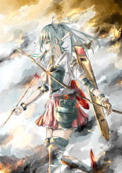 Rule 34 | 10s, 1girl, anore (haurifier), armor, arrow (projectile), arrow in mouth, boots, bow (weapon), bracer, breastplate, cannon, fire, flight deck, from side, green hair, hair ribbon, highres, holding, holding weapon, kantai collection, mouth hold, muneate, quiver, ribbon, solo, thigh boots, thighhighs, turret, twintails, walking, weapon, yellow eyes, zettai ryouiki, zuikaku (kancolle)