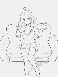 Rule 34 | 1girl, ahoge, arm support, artificial vagina, bare arms, bare legs, barefoot, blush, collarbone, commentary, couch, english commentary, green eyes, highres, holding, hoshii miki, idolmaster, idolmaster (classic), long hair, monochrome, on couch, sex toy, shorts, sitting, sleepy frippy, solo, spot color, strap slip, sweat, tank top
