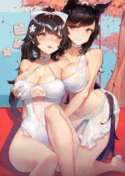 Rule 34 | 2girls, animal ears, arched back, atago (azur lane), atago (summer march) (azur lane), azur lane, bare legs, bare shoulders, between breasts, bikini, black hair, bow, grabbing another&#039;s breast, breasts, brown eyes, casual one-piece swimsuit, cleavage, criss-cross halter, duan henglong, flower, grabbing, hair bow, hair flower, hair ornament, halterneck, kneeling, large breasts, leaning forward, long hair, mole, mole under eye, multiple girls, navel, note, one-piece swimsuit, open mouth, ponytail, sandals, sitting, smile, swept bangs, swimsuit, takao (azur lane), takao (beach rhapsody) (azur lane), tree, very long hair, white bikini, white one-piece swimsuit
