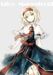 Rule 34 | 1girl, alice margatroid, blonde hair, blue dress, blue eyes, capelet, character name, dress, expressionless, grey background, head tilt, looking at viewer, neck ribbon, ribbon, short hair, solo, touhou, upper body, vienri
