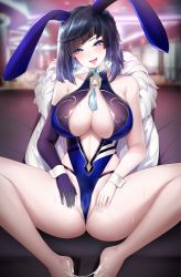 Rule 34 | 1girl, absurdres, animal ears, bare shoulders, barefoot, bindong, black gloves, black hair, blue hair, blue leotard, blurry, blurry background, bob cut, breasts, cameltoe, center opening, commentary, cum, cum on body, cum on feet, depth of field, diagonal bangs, dice, drooling, earrings, elbow gloves, eyes visible through hair, fake animal ears, fur trim, genshin impact, gloves, green eyes, heart, heart-shaped pupils, heavy breathing, highleg, highleg leotard, highres, indoors, jacket, unworn jacket, jewelry, large breasts, leotard, looking at viewer, mole, mole on breast, multicolored hair, open mouth, playboy bunny, pussy juice, rabbit ears, saliva, short hair, single glove, sitting, solo, spread legs, spread pussy under clothes, sweat, symbol-only commentary, symbol-shaped pupils, tassel, tongue, tongue out, white jacket, wrist cuffs, yelan (genshin impact)