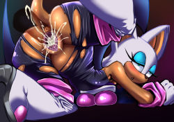 Rule 34 | 1boy, 1girl, anus, ass, bat (animal), boots, breasts, censored, cum, furry, gradient background, green eyes, hetero, penis, pochincoff, pussy, rouge the bat, sex, sonic (series), vaginal, white hair