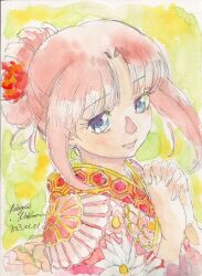 Rule 34 | 1girl, after war gundam x, alternate costume, alternate hair color, alternate hairstyle, artist name, dated, flower, from side, gundam, hair bun, hair flower, hair ornament, head tilt, highres, japanese clothes, kimono, light smile, looking at viewer, nishimura nobuyoshi, own hands clasped, own hands together, painting (medium), parted bangs, pink hair, pink kimono, red flower, single hair bun, solo, tiffa adill, traditional media, watercolor (medium)