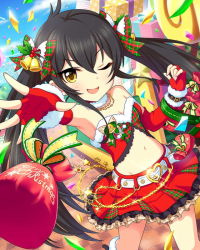 Rule 34 | 10s, 1girl, alternate costume, annindoufu (oicon), artist request, belt, black hair, box, christmas, confetti, fingerless gloves, gift, gift box, gloves, heart belt, idolmaster, idolmaster cinderella girls, jewelry, matoba risa, merry christmas, midriff, necklace, official art, one eye closed, solo, twintails, yellow eyes