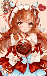 Rule 34 | 1girl, absurdres, animal ears, blush, breasts, brown hair, chocolate, chocolate making, closed mouth, detached sleeves, english text, fingernails, food, hair between eyes, hair ornament, heart, highres, horse ears, horse girl, looking at viewer, red eyes, small breasts, smile, solo, still in love (umamusume), umamusume, umapyoignachi, veil, white background