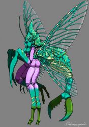 Rule 34 | 1girl, antennae, arthropod girl, arthropod limbs, artist name, blue eyes, breasts, carapace, closed mouth, colored skin, full body, green skin, grey background, highres, horizontal pupils, insect wings, looking at viewer, mandibles, multicolored skin, multiple legs, original, pincers, pink skin, simple background, small breasts, solo, standing, standing on one leg, tail, toipokun oyashi, wings
