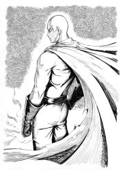 Rule 34 | 1boy, asutora, bald, bodysuit, cape, closed mouth, commentary, costume, from behind, gloves, greyscale, highres, male focus, monochrome, one-punch man, saitama (one-punch man), solo, standing