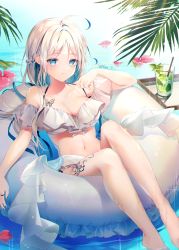Rule 34 | 1girl, absurdres, ahoge, artist name, bare shoulders, bikini, blue eyes, braid, breasts, bug, butterfly, cleavage, collarbone, cup, drink, drinking glass, drinking straw, flower, food, frilled bikini, frills, fruit, highres, huge filesize, in water, innertube, insect, lime (fruit), midriff, naru 0, navel, original, palm tree, short hair, sidelocks, silver hair, sitting, solo, strap pull, swim ring, swimsuit, tattoo, tray, tree, water