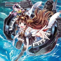 Rule 34 | &gt;:d, 10s, 1girl, :d, admiral (kancolle), ahoge, bare shoulders, black footwear, blush, boots, brown hair, detached sleeves, double bun, hairband, headgear, highres, instrument, japanese clothes, kantai collection, keyboard (instrument), kongou (kancolle), long hair, looking at viewer, marashii, monkey, nontraditional miko, open mouth, outstretched arm, sakino shingetsu, smile, solo, splashing, stuffed animal, stuffed monkey, stuffed toy, thigh boots, thighhighs, v-shaped eyebrows, walking, walking on liquid, water, zettai ryouiki