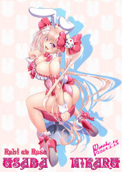 Rule 34 | 1girl, adapted costume, animal ears, ass, bow, bowtie, breasts, character name, cleavage, commission, dated, detached collar, di gi charat, dice hair ornament, frilled leotard, frills, from behind, full body, hair ornament, large breasts, leotard, long hair, looking at viewer, moke ro, pink hair, pink leotard, playboy bunny, rabbit ears, rabbit tail, red bow, red bowtie, red eyes, skeb commission, solo, stool, strapless, strapless leotard, tail, twintails, twitter username, usada hikaru, wrist cuffs