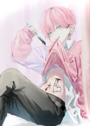Rule 34 | 1boy, absurdres, aqua eyes, black pants, bleeding, blood, blood on hands, blush, clothes lift, collared shirt, hair between eyes, heart, highres, imai akira, lifting own clothes, long sleeves, looking at viewer, male focus, mouth hold, original, pants, pink hair, pink sweater, razor blade, self-harm, shirt, simple background, sitting, solo, sparkle, sweater, sweater lift, white shirt
