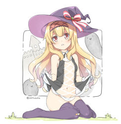 Rule 34 | 1girl, bandaid, bandaid on knee, bandaid on leg, bare shoulders, black dress, blonde hair, blush, bow, breasts, covered navel, dress, ghost, gloves, hair between eyes, hair bow, hairband, hat, hatsunatsu, little witch nobeta, long hair, looking at viewer, navel, no panties, no shoes, nobeta, parted lips, purple headwear, purple thighhighs, red eyes, red hairband, see-through, sitting, skirt hold, sleeveless, sleeveless dress, small breasts, solo, striped, striped bow, thighhighs, twitter username, very long hair, wariza, white background, white gloves, witch hat