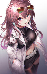 Rule 34 | 1girl, absurdres, bad id, bad pixiv id, belt, black shirt, black skirt, blue eyes, blurry, breasts, brown hair, brown thighhighs, coat, crop top, cup6542, eyewear on head, from above, gradient background, hands in pockets, highres, ichinose shiki, idolmaster, idolmaster cinderella girls, large breasts, lipps (idolmaster), long hair, long sleeves, looking at viewer, midriff, miniskirt, navel, open clothes, open coat, pencil skirt, shirt, skirt, solo, sunglasses, sunglasses on head, thighhighs, tongue, tongue out, white coat, zettai ryouiki