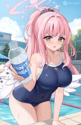 Rule 34 | 1girl, blue archive, blue sky, breasts, building, covered navel, foreshortening, halo, highres, icwine, large breasts, long hair, low wings, mika (blue archive), one-piece swimsuit, open mouth, pink hair, pink halo, ponytail, pool, poolside, sky, solo, swimsuit, thighs, white wings, wings, yellow eyes