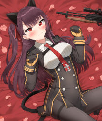 Rule 34 | 1girl, animal ears, applepie (12711019), bed sheet, black pantyhose, black skirt, blazer, blush, breasts, bullpup, cat ears, cat tail, closed mouth, collared shirt, framed breasts, girls&#039; frontline, gloves, gun, hair ribbon, half updo, high-waist skirt, highres, jacket, long hair, long sleeves, looking at viewer, lying, medium breasts, necktie, on back, one side up, pantyhose, paw pose, pelvic curtain, petals, purple hair, red eyes, red necktie, red ribbon, ribbon, rifle, shirt, skirt, sniper rifle, solo, striped clothes, striped shirt, tail, tearing up, tears, thighband pantyhose, v-shaped eyebrows, very long hair, wa2000 (girls&#039; frontline), walther, walther wa 2000, weapon