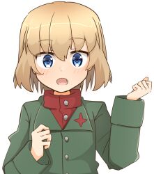 Rule 34 | 1girl, :o, blonde hair, blue eyes, blush, bob cut, commentary, fang, girls und panzer, green jacket, jacket, katyusha (girls und panzer), long sleeves, looking at viewer, open mouth, pravda school uniform, red shirt, rico (rico-tei), school uniform, shirt, short hair, simple background, solo, turtleneck, upper body, white background