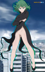 Rule 34 | 1girl, artist name, black dress, black footwear, breasts, building, cleft of venus, cloud, crossed arms, day, dress, facebook logo, female focus, floating, full body, green eyes, green hair, highres, looking at viewer, mandio art, matching hair/eyes, no panties, one-punch man, outdoors, patreon logo, pussy, shoes, short hair, sky, small breasts, solo, standing, tatsumaki, twitter logo, uncensored