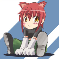 Rule 34 | 00s, 1girl, animal ears, animal hands, blaue gans, cat ears, chibi, elbow gloves, full body, gloves, kaibutsu oujo, looking at viewer, lowres, pants, paw gloves, red hair, riza wildman, shoe soles, short hair, solo, yellow eyes