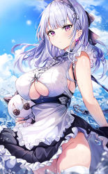 Rule 34 | 1girl, apron, azur lane, bare shoulders, black hairband, blush, breasts, character doll, closed mouth, clothing cutout, dido (azur lane), earrings, floating hair, frilled apron, frills, hairband, heart, heart earrings, jewelry, lace-trimmed hairband, lace trim, large breasts, long hair, looking at viewer, maid, narae, no panties, outdoors, purple eyes, silver hair, sirius (azur lane), sleeveless, solo, standing, thighhighs, thighs, underboob, underboob cutout, waist apron, water, wet, white apron, white thighhighs