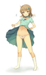 Rule 34 | 1girl, @ @, ^^^, blue dress, blush, bow, bow panties, breasts, brown eyes, clothes lift, collarbone, commentary request, dress, dress lift, full body, groin, hair ornament, highres, idolmaster, idolmaster cinderella girls, kneehighs, long hair, looking at viewer, morikubo nono, navel, no shoes, open mouth, panties, puffy short sleeves, puffy sleeves, ruiten, short sleeves, simple background, skindentation, small breasts, socks, solo, standing, underwear, white background, white panties, white socks, wind, wind lift