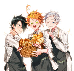 Rule 34 | 1girl, 2boys, :d, ;), ahoge, apron, bakery, basket, black apron, black eyes, black hair, blue eyes, blush, collar, collared shirt, commentary request, emma (yakusoku no neverland), foog, green eyes, hair over one eye, hand on own neck, holding, holding basket, long sleeves, looking at another, looking at viewer, multiple boys, neck tattoo, norman (yakusoku no neverland), number tattoo, one eye closed, open mouth, orange hair, parted lips, ray (yakusoku no neverland), shirt, shop, short hair, silver hair, simple background, sleeves rolled up, smile, standing, sweat, tattoo, teeth, thick eyebrows, upper body, white background, white shirt, yakusoku no neverland, yala1453