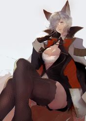 Rule 34 | 10s, 1girl, animal ears, book, breasts, cape, cleavage, epaulettes, freesia (granblue fantasy), glasses, gloves, granblue fantasy, hair over one eye, highres, jacket, crossed legs, nido celisius, silver hair, solo, thighhighs