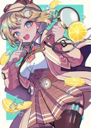 Rule 34 | absurdres, aqua background, blonde hair, blue eyes, border, breasts, detective, dutch angle, food, fruit, hair ornament, haru4aki, hat, highres, holding, holding magnifying glass, hololive, hololive english, lemon, lemon slice, magnifying glass, medium breasts, necktie, open mouth, plaid, plaid skirt, pleated skirt, pocket watch, red necktie, skindentation, skirt, smile, stethoscope, syringe, thighhighs, virtual youtuber, watch, water, watson amelia, white border, zettai ryouiki