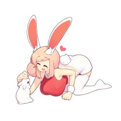 Rule 34 | 1girl, animal, animal ears, breasts, closed eyes, crop top, fiz (fizintine), fizintine, hair bun, heart, highres, large breasts, original, petting, pink hair, rabbit, rabbit ears, rabbit girl, rabbit tail, shorts, single side bun, smile, solo, tail, thighhighs, white background, white rabbit (animal), white shorts, white thighhighs, white wrist cuffs, wrist cuffs