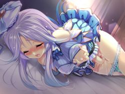 Rule 34 | 1girl, aozora stripe, bare shoulders, bed, blush, grabbing another&#039;s breast, breast slip, breasts, censored, closed eyes, female ejaculation, female masturbation, fingering, game cg, grabbing, hat, long hair, masturbation, mizutani sumire, one breast out, open mouth, panties, panty pull, piromizu, purple hair, solo, underwear, window