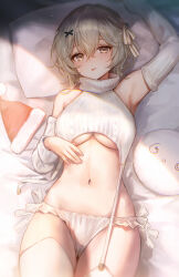 Rule 34 | 1girl, :p, adelie cat, arm up, arm warmers, armpits, bare shoulders, blonde hair, blush, breasts, cowboy shot, double-parted bangs, garter straps, hair between eyes, hair ornament, hair ribbon, hand on own stomach, hat, head on pillow, highres, indie virtual youtuber, kejang, large breasts, looking at viewer, meme attire, navel, on bed, panties, ribbed sweater, ribbon, santa hat, short hair, side-tie panties, solo, stomach, striped ribbon, sweat, sweater, thighhighs, tongue, tongue out, turtleneck, turtleneck sweater, underboob, underwear, unworn hat, unworn headwear, virgin destroyer sweater, virtual youtuber, white panties, white thighhighs, x hair ornament