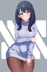 Rule 34 | 1girl, arm under breasts, black hair, black pantyhose, blue eyes, blue sweater, blush, breasts, dress, gridman universe, highres, kamidan, large breasts, long hair, long sleeves, looking at viewer, pantyhose, simple background, ssss.gridman, sweat, sweater, sweater dress, takarada rikka, thick thighs, thighs, turtleneck, turtleneck sweater, white background, wide hips