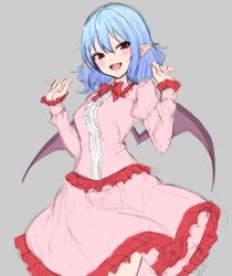 Rule 34 | 1girl, :d, alternate breast size, bat wings, blue hair, bow, bowtie, center frills, cowboy shot, frills, grey background, hair between eyes, junior27016, long sleeves, no headwear, open mouth, pink skirt, pointy ears, red bow, red bowtie, red eyes, remilia scarlet, short hair, simple background, sketch, skirt, smile, solo, standing, touhou, wings